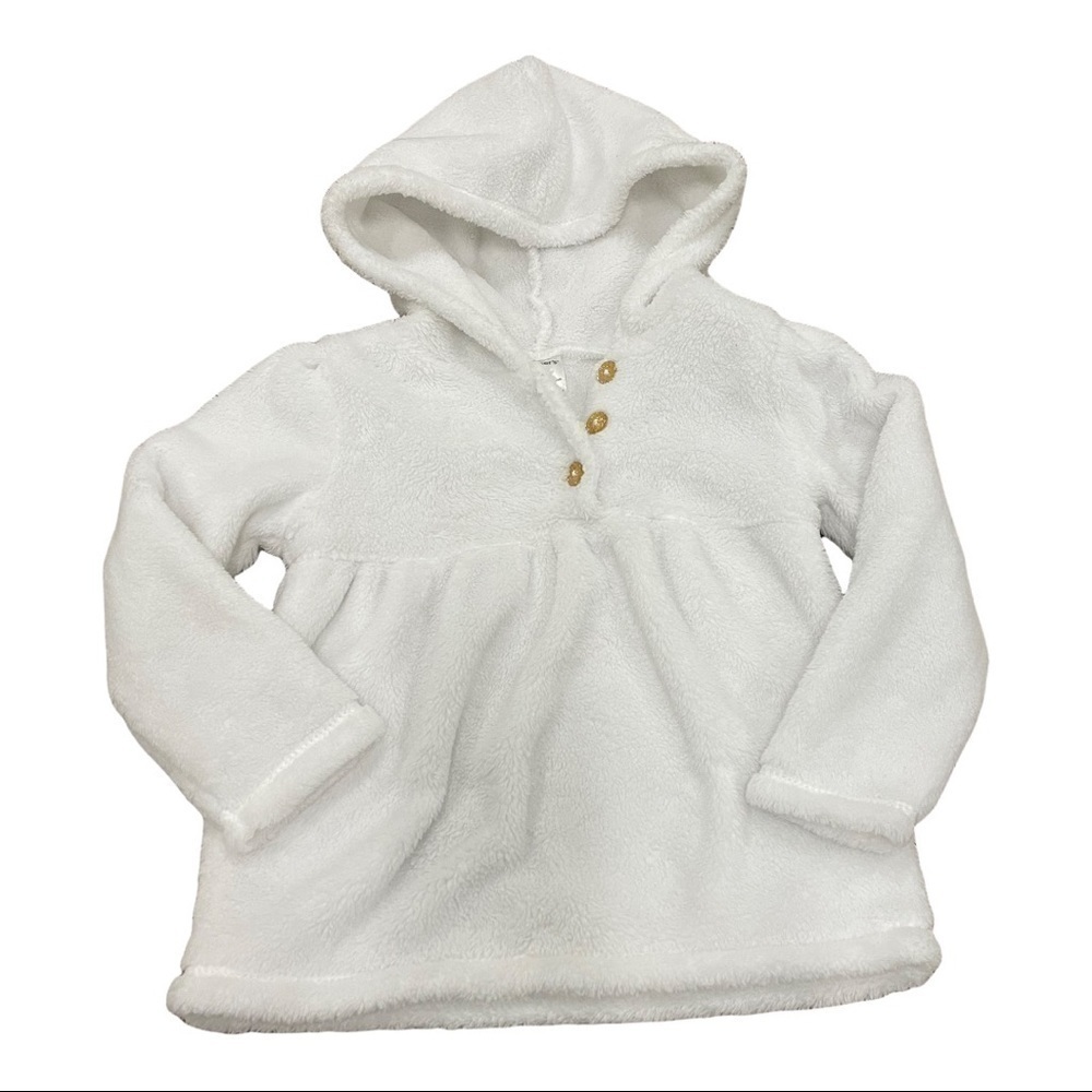 𝅺white polyester fur hoodie 3 gold glitter buttons.  3T